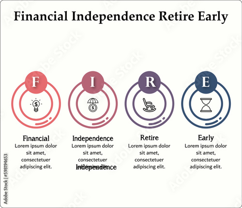 FIRE - Financial Independence Retire Early. Infographic template with icons and description placeholder