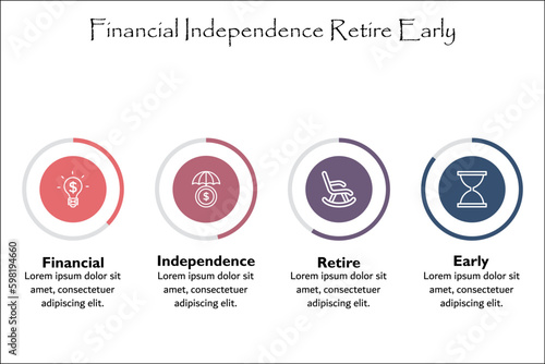 FIRE - Financial Independence Retire Early. Infographic template with icons and description placeholder