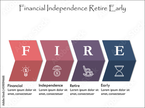 FIRE - Financial Independence Retire Early. Infographic template with icons and description placeholder