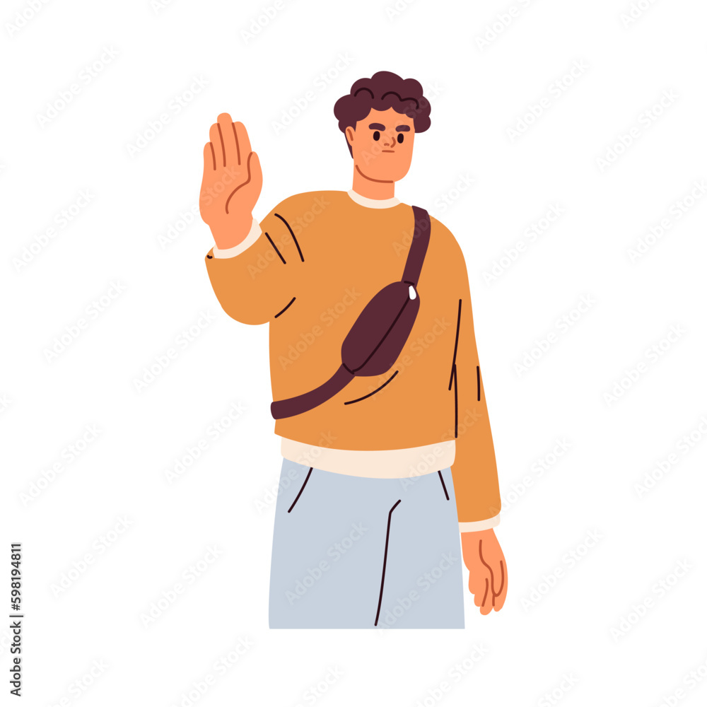 Man rejecting, refusing, gesturing stop with hand. Serious angry person showing negative attitude, saying no. Disapproval, rejection concept. Flat vector illustration isolated on white background Man rejecting, refusing, gesturing stop with hand. Serious angry person showing negative attitude, saying no. Disapproval, rejection concept. Flat vector illustration isolated on white background