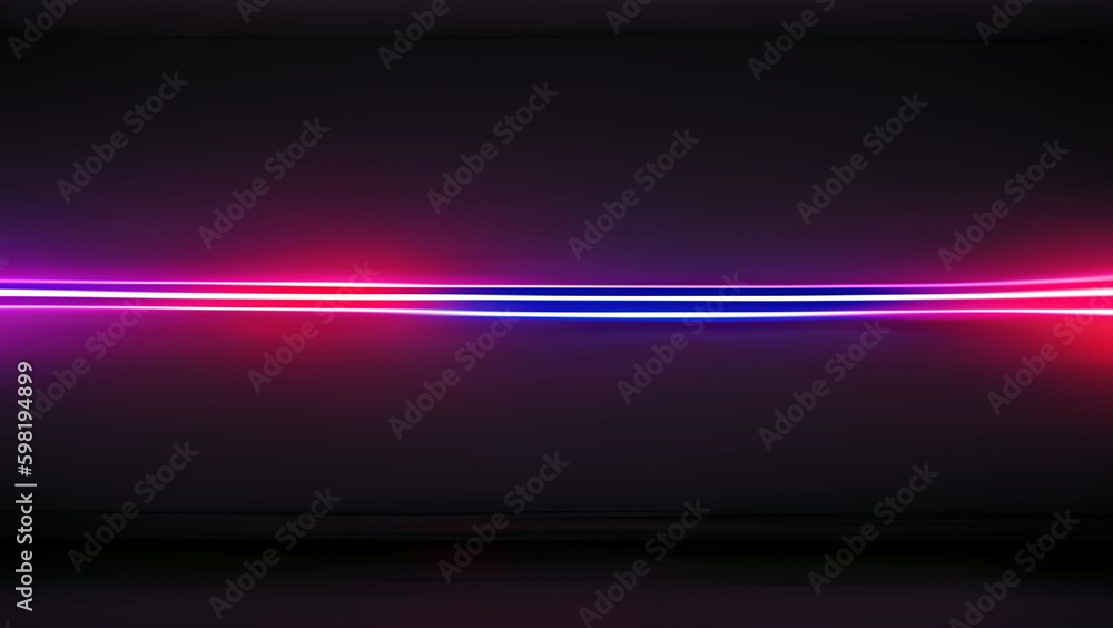 Neon glow abstract background. Blur light trail. Defocused led laser pink blue color line flare motion on dark black art illustration.