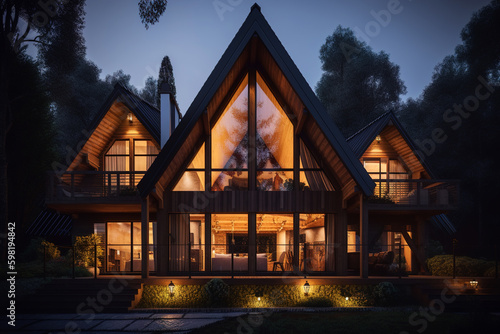 Triangular house with large windows in the forest, exterior. Residential building A-frame architecture at night. Generative AI