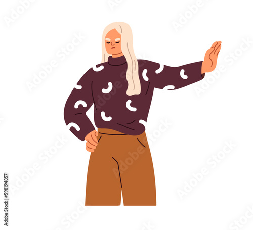 Woman refusing, rejecting with hand gesture, stop sign. Girl saying no with arm, palm. Refusal, denial, negation, non-verbal mute expression. Flat vector illustration isolated on white background