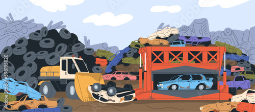 Car junkyard with old used autos dump, heap. Junk yard, broken abandoned automobiles. Crushed rusty transport garbage, trash, tyres, vehicle bodies utilization at scrapyard. Flat vector illustration
