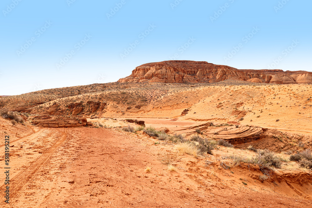 Scenic view of desert in Arizona at noon with blue sky