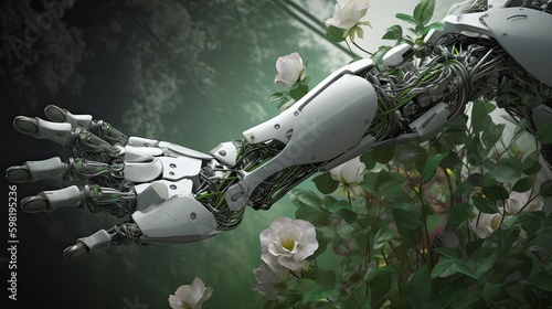 a robot hand reaches out to a hand with flowers Generative AI