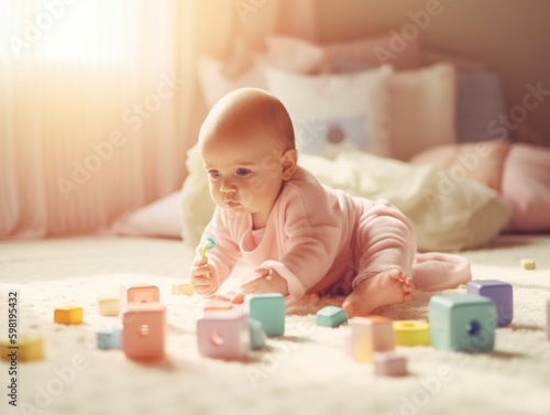 happy baby playing with toy blocks, magical dream lights, cute toddler with pink dress in bedroom enjoying  life, educational developmental psychology , generative ai