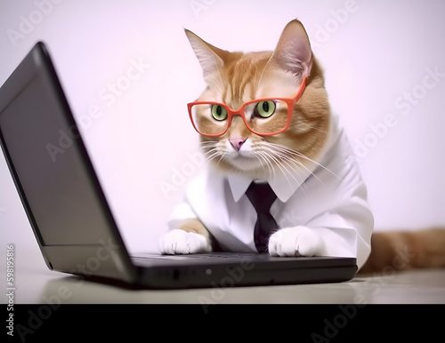 Cute busy cat with glasses. Concept of pet officer, business or office hours. © ZayWin