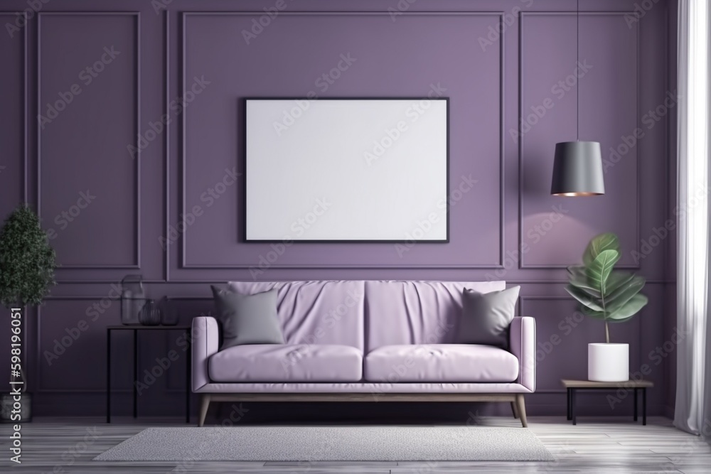 Purple Living Room Interior - Cozy and Sophisticated Space Created with Generative AI Purple Living Room Interior - Cozy and Sophisticated Space Created with Generative AI