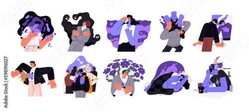 Psychology concept. Upset tired depressed stressed people with mental problems, disorders, depression. Crisis, misery and melancholy. Flat graphic vector illustrations isolated on white background