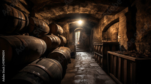 Dark stone cellar and wooden barrels of wine. Generative AI
