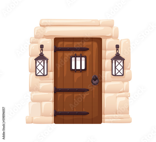 Old wooden door of medieval prison cell, jail. Ancient doorway, entrance with metal bars, lanterns. Dungeon, basement entry in castle. Flat graphic vector illustration isolated on white background