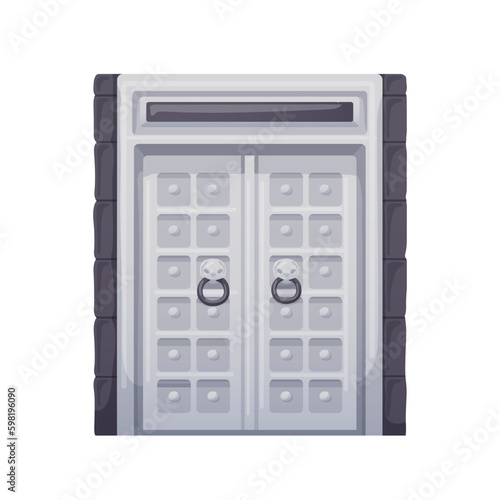 Old medieval double door, entrance to fortress, castle. Ancient closed metal steel entry with knockers. Safe steel big large historic doorway. Flat vector illustration isolated on white background