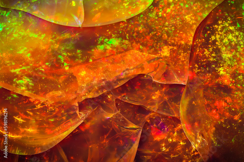 fire opal play-of-color. macro detail texture background. close-up raw rough unpolished semi-precious gemstone
