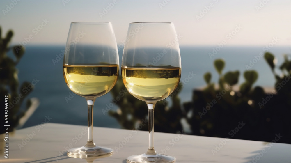 2 Glässer Weißwein bei mediteranem Ambiente. Querformat. Generative Ai.