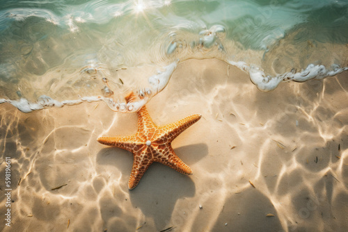 Star fish on sand beach background. Copy space of summer and vacation concept. Generative ai.