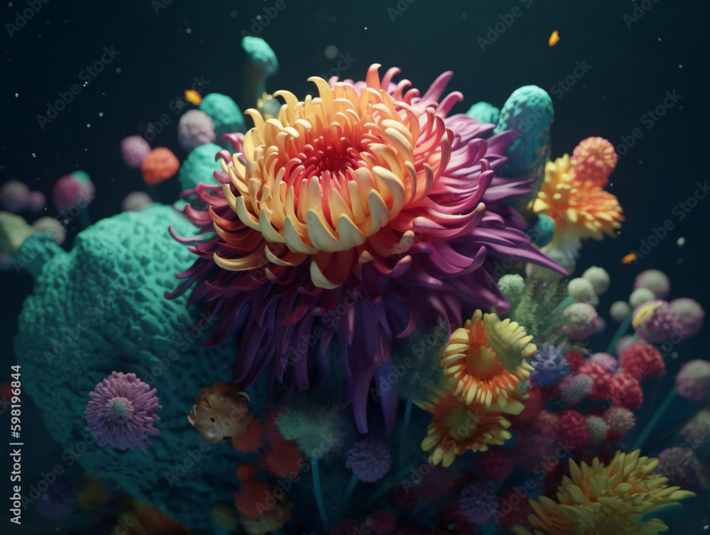 Fototapeta premium Colorful Blooms Beneath the Waves: Discovering Underwater Flowers. Generative AI