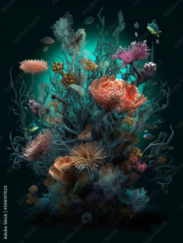 Fototapeta premium Colorful Blooms Beneath the Waves: Discovering Underwater Flowers. Generative AI