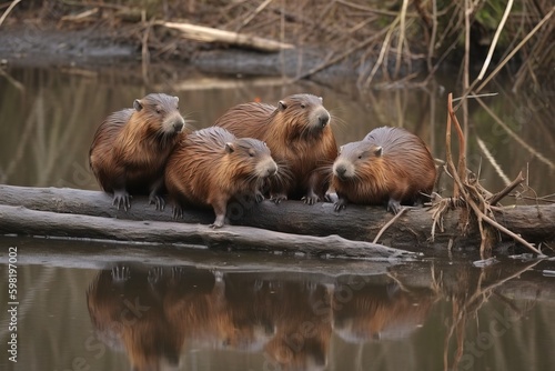 A family of beavers building a da photo