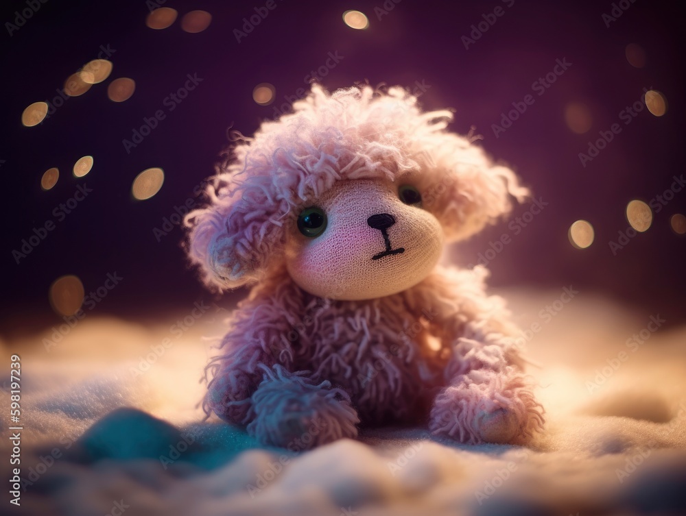 toy sheep plush, stuffed soft cuddly plushies, blurred magical sparkles and dream lights background, generative ai toy sheep plush, stuffed soft cuddly plushies, blurred magical sparkles and dream lights background, generative ai