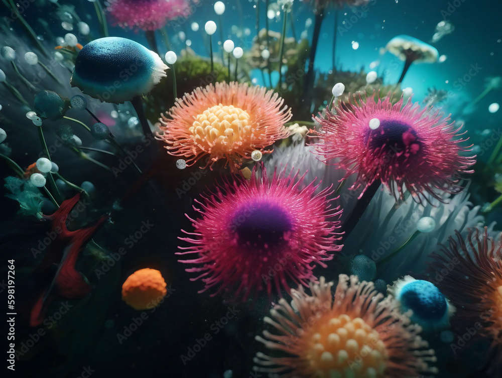 Obraz premium Colorful Blooms Beneath the Waves: Discovering Underwater Flowers. Generative AI