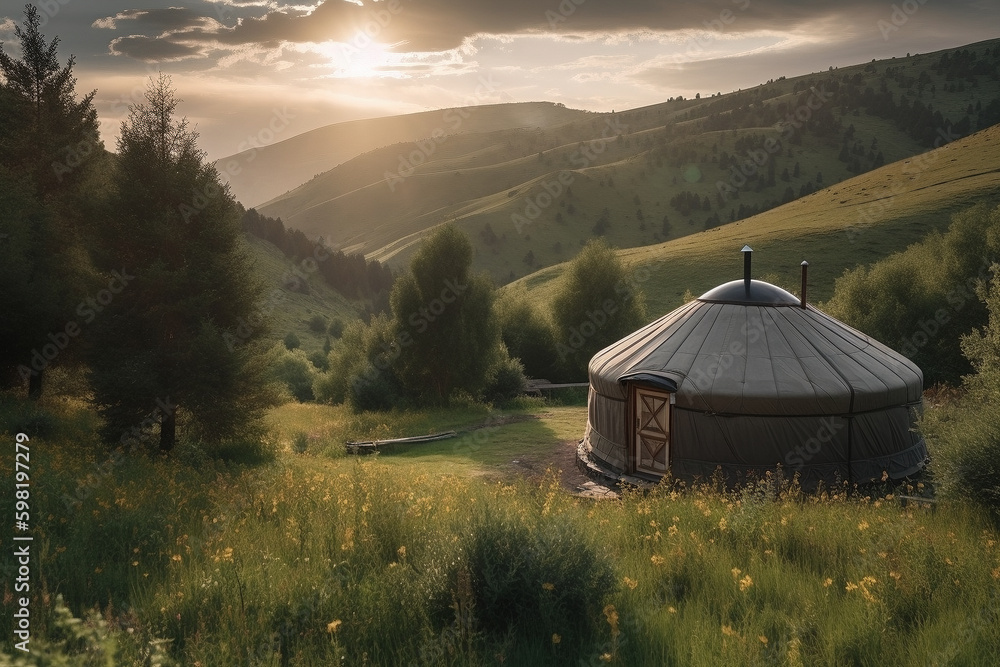 A yurt in a beautiful landscape - Generative AI