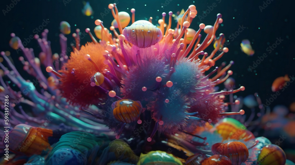 Fototapeta premium Colorful Blooms Beneath the Waves: Discovering Underwater Flowers. Generative AI