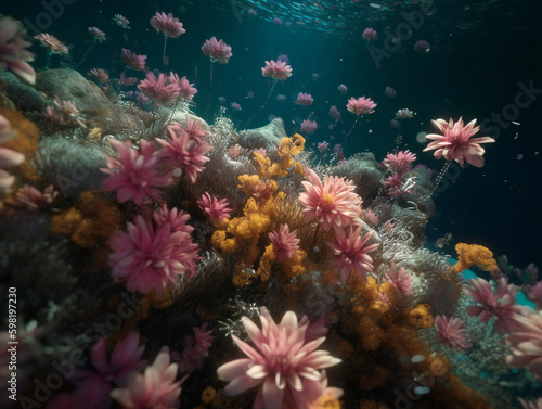 Colorful Blooms Beneath the Waves  Discovering Underwater Flowers. Generative AI