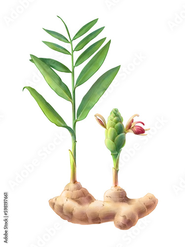 Sprouting ginger root and grown ginger plant with leaves and flowers hand drawn pencil illustration isolated on white