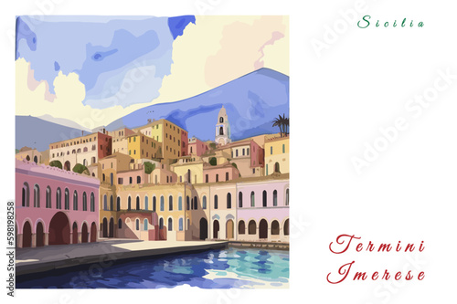 Termini Imerese: Poster with the name of the Italian city Termini Imerese and a water color illustration