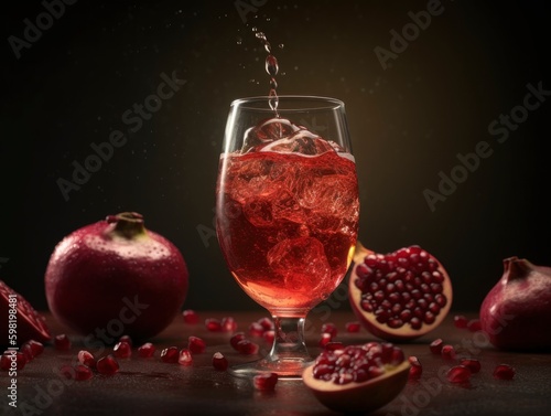 organic red pomegranate sparkling juice poured out in glass , simple elegant fancy blue background, crafted tropical drink, generative ai