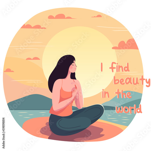 Self love and love your body and mind concept. The girl sits by the sea at sunset. I find beauty in the world.