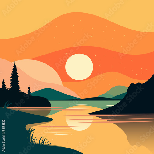 Evening sunset in orange colors on the mountain lake. Vector illustration in the style of flat. Sun, mountains, lake and trees.