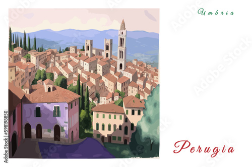 Perugia: Poster with the name of the Italian city Perugia and a water color illustration