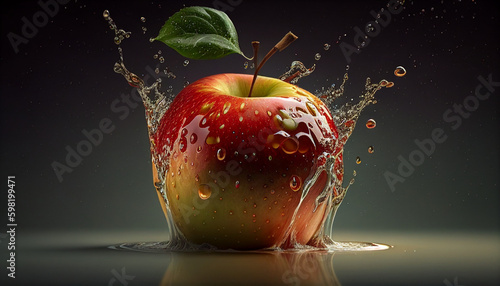 Red apple on which the water pours, and water droplets remain, monochrome background