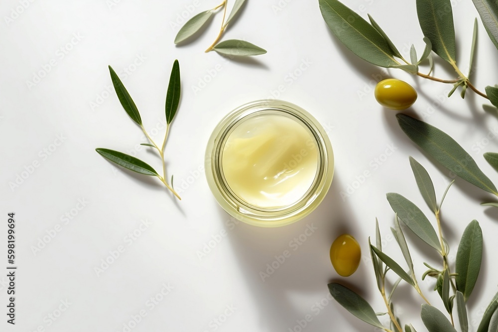 Generative AI. Olive oil cream realistic cosmetics. Product package labels design. Element for modern design, advertising for sales, template cosmetic face cream, body. branches with green leaves and 
