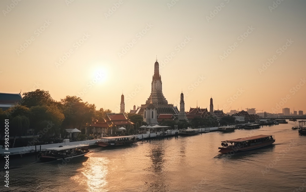 Wat Arun Temple at sunset in bangkok Thailand, Generative AI.