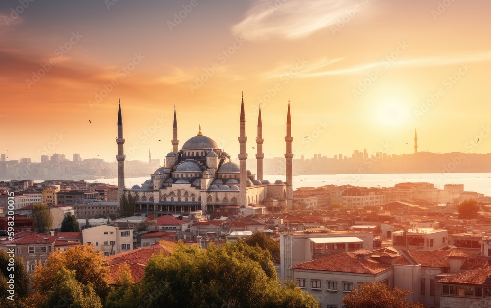 Naklejka premium Beautiful​ istanbul​ city landscape​ with​ blue mosque at sunset​ light​, Generative AI.