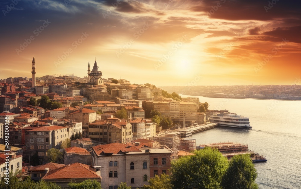 Beautiful​ istanbul​ city landscape​ with​ blue mosque at sunset​ light​, Generative AI.