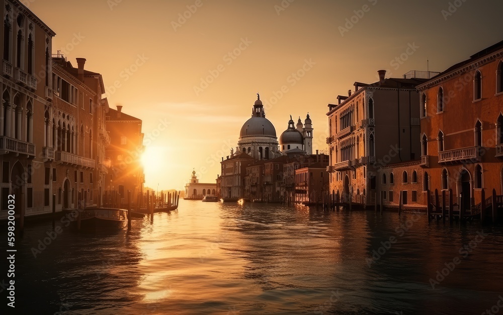 Grand Canal and Basilica Santa Maria della Salute at sunrise in Venice, Italy, Generative AI.