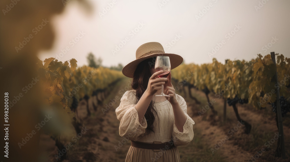  woman drinking red wine at vineyard. harvest season.Generative AI