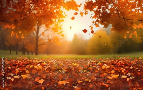 Beautiful autumn background landscape. Leaves fly in wind in sunlight. Concept of Golden autumn, Generative AI.