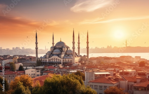 Beautiful​ istanbul​ city landscape​ with​ blue mosque at sunset​ light​, Generative AI. photo