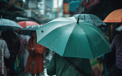 Woman With Umbrella Walking On Road In City During raining day  Generative AI.