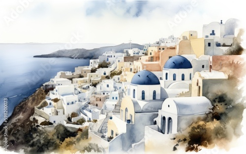 Illustration freehand watercolor drawing and painting of Santorini, Greece, Generative AI.