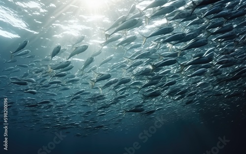 Underwater wild world with tuna fishes, Generative AI.