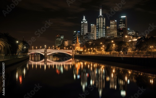 Skyline of Melbourne, Australia across the Yarra River at night , Generative AI.