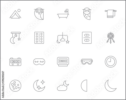 Simple Set of sleep Related Vector Line Icons. Vector collection of insomnia, bed, time, zzz, moon,  cloud alarm clock, pillows and design elements symbols or logo element.