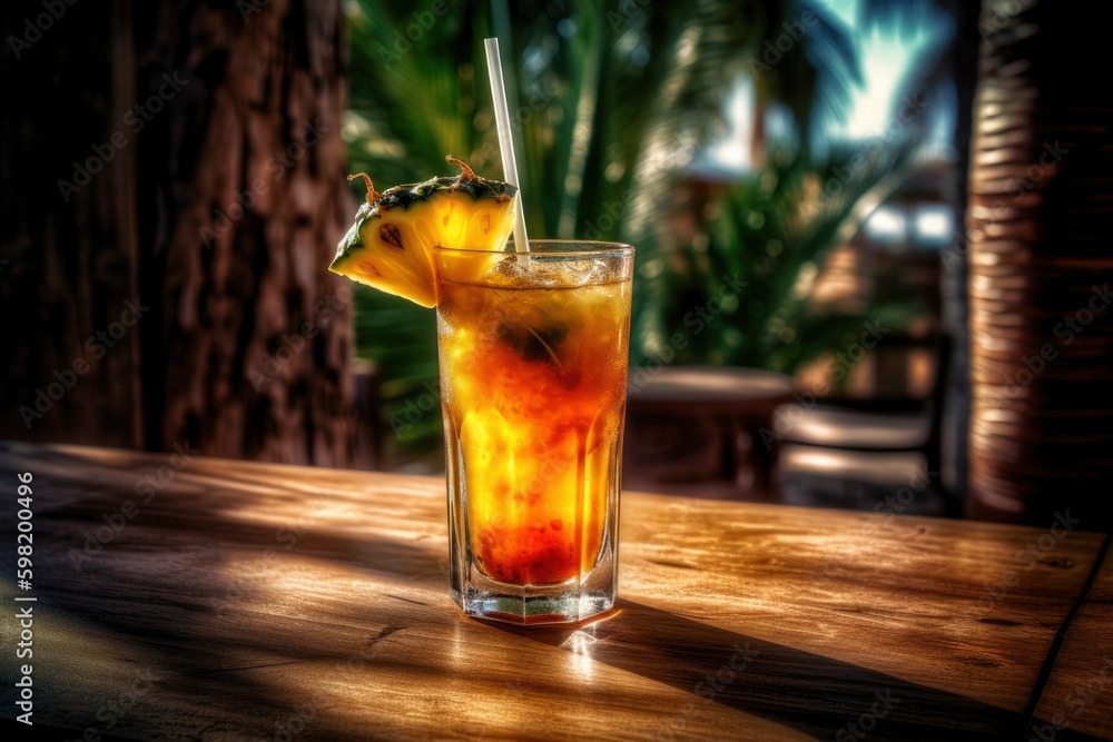 organic cocktail with pineapple ananas slice and ice in glass, elegant fancy island environment, crafted tropical drink, generative ai organic cocktail with pineapple ananas slice and ice in glass, elegant fancy island environment, crafted tropical drink, generative ai