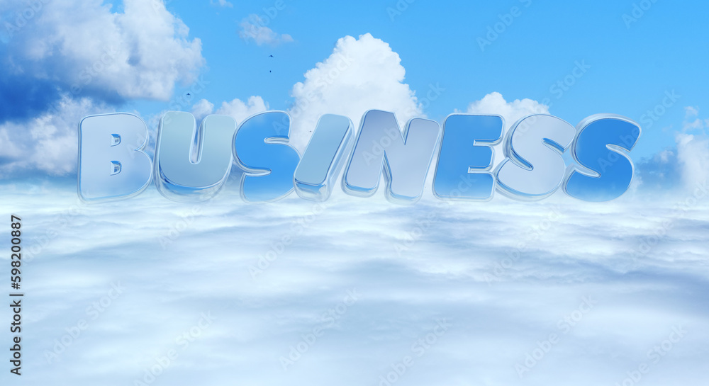 Fototapeta premium 雲海を抜けた風景、さわやかな青空の背景 BUSINESS3D文字 夏・夏休み・旅行・飛行の背景イメージ
